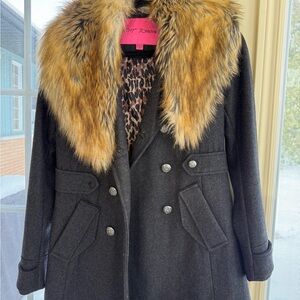 Betsey Johnson Charcoal Pea Coat with Faux Fur Collar